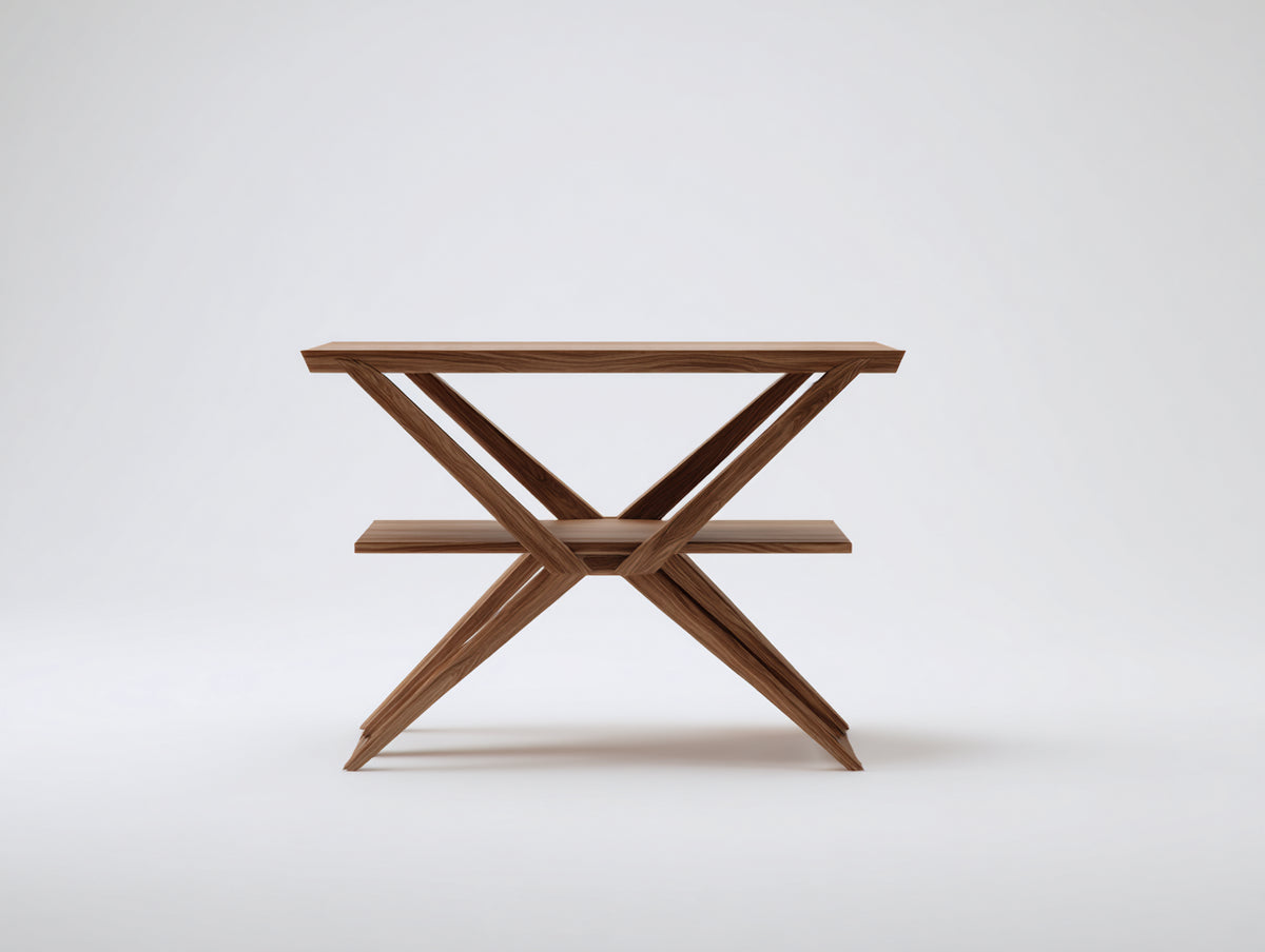 Console 140×38×78 cm - bois brun finition noyer - piètement croisé avec tablette pour chambre