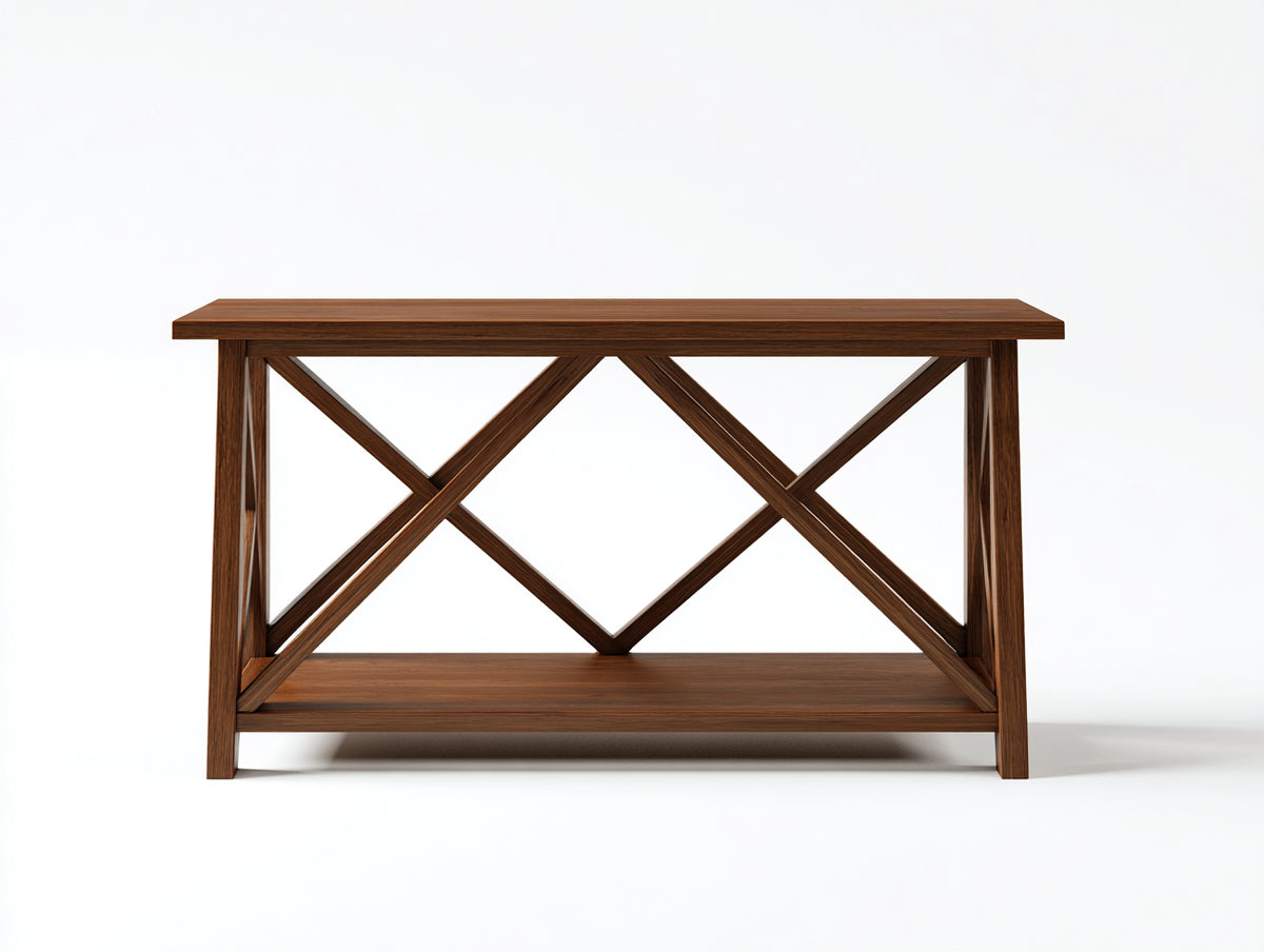 Console 140×38×80 cm - bois de noyer brun - double croisillon et tablette basse pour chambre à coucher