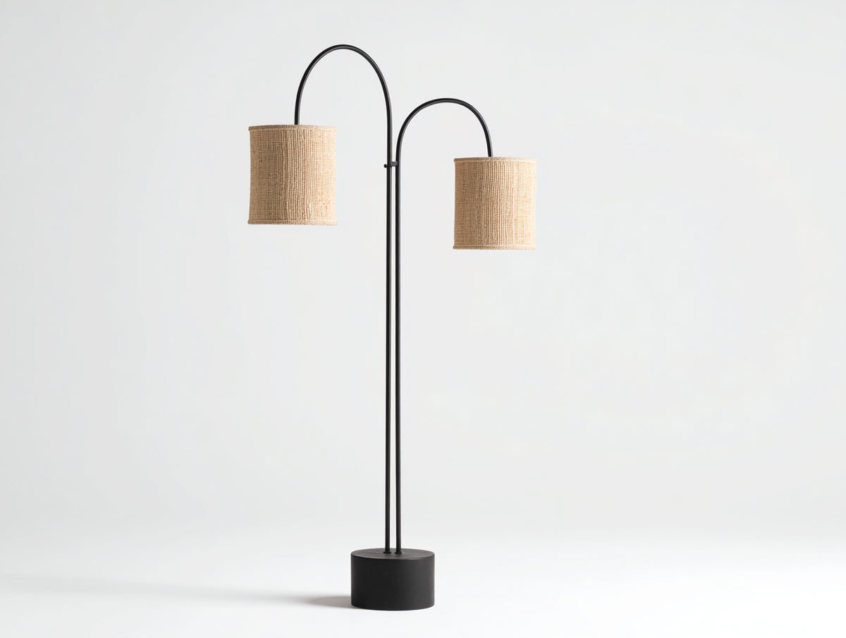Lampe de bureau sur pied 61×29×174 cm - métal noir et textile beige - deux bras arqués décalés pour chambre