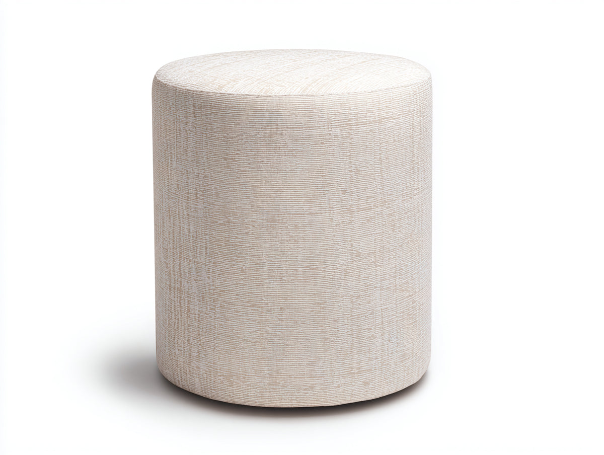 Tabouret 46×46×50 cm - tissu écru texturé - forme cylindrique et assise rembourrée pour chambre