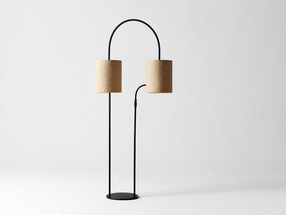 Lampe de bureau sur pied 56×32×170 cm - acier noir et abat-jour beige - grande arche à double éclairage pour chambre