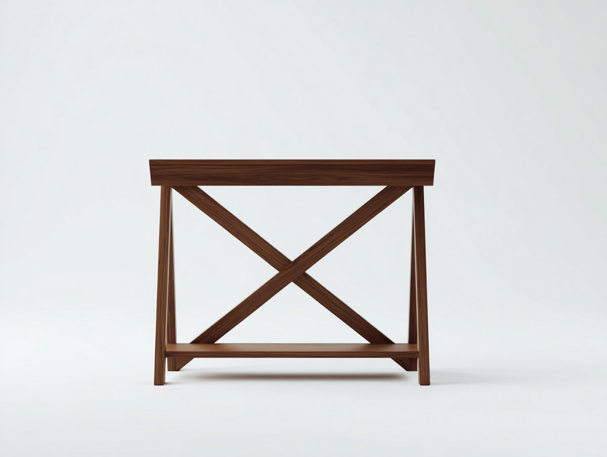 Console en bois effet noyer 118×36×78 cm - marron foncé avec croisillons arrière et tablette basse pour chambre à coucher