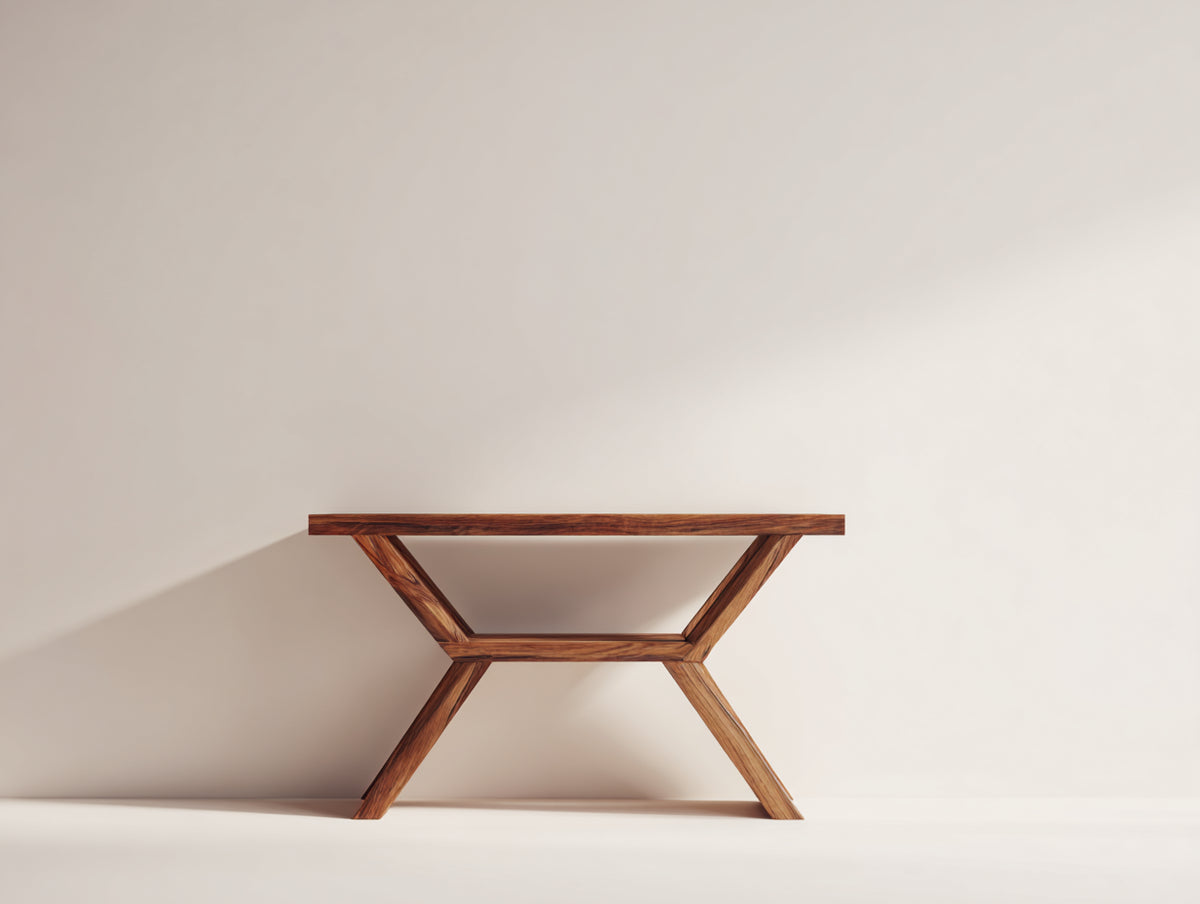 Console en bois finition noyer 130×38×77 cm - marron chaud avec supports inclinés et traverse centrale pour chambre à coucher