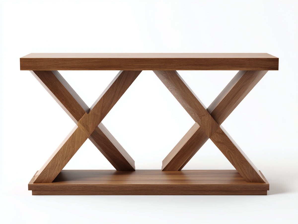 Console géométrique en bois 150×40×80 cm - marron chaud avec pieds en X et étagère inférieure pour chambre à coucher