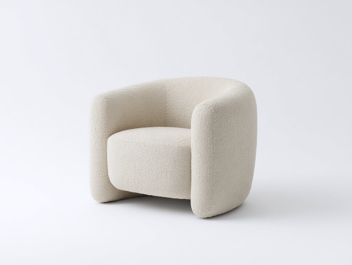 Fauteuil 80×76×75 cm - tissu bouclé blanc cassé - assise suspendue et structure enveloppante pour salon