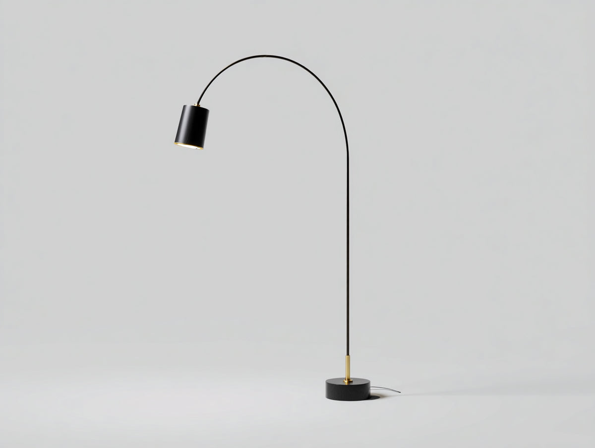 Lampe de bureau sur pied 92×24×168 cm - métal noir et détail doré - bras courbe avec abat-jour cylindrique pour chambre