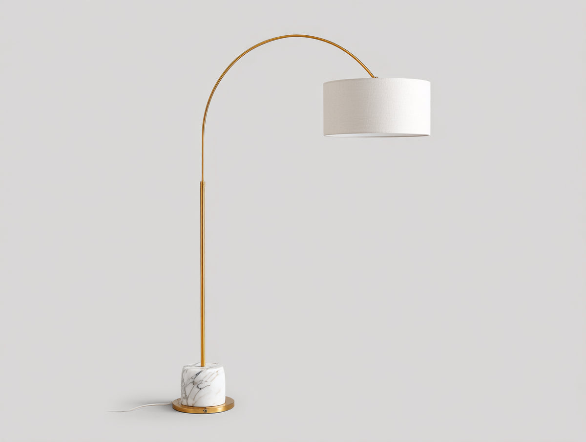 Lampe De Bureau sur pied arquée 125×40×205 cm - doré blanc avec base effet marbre et abat-jour cylindrique pour chambre à coucher