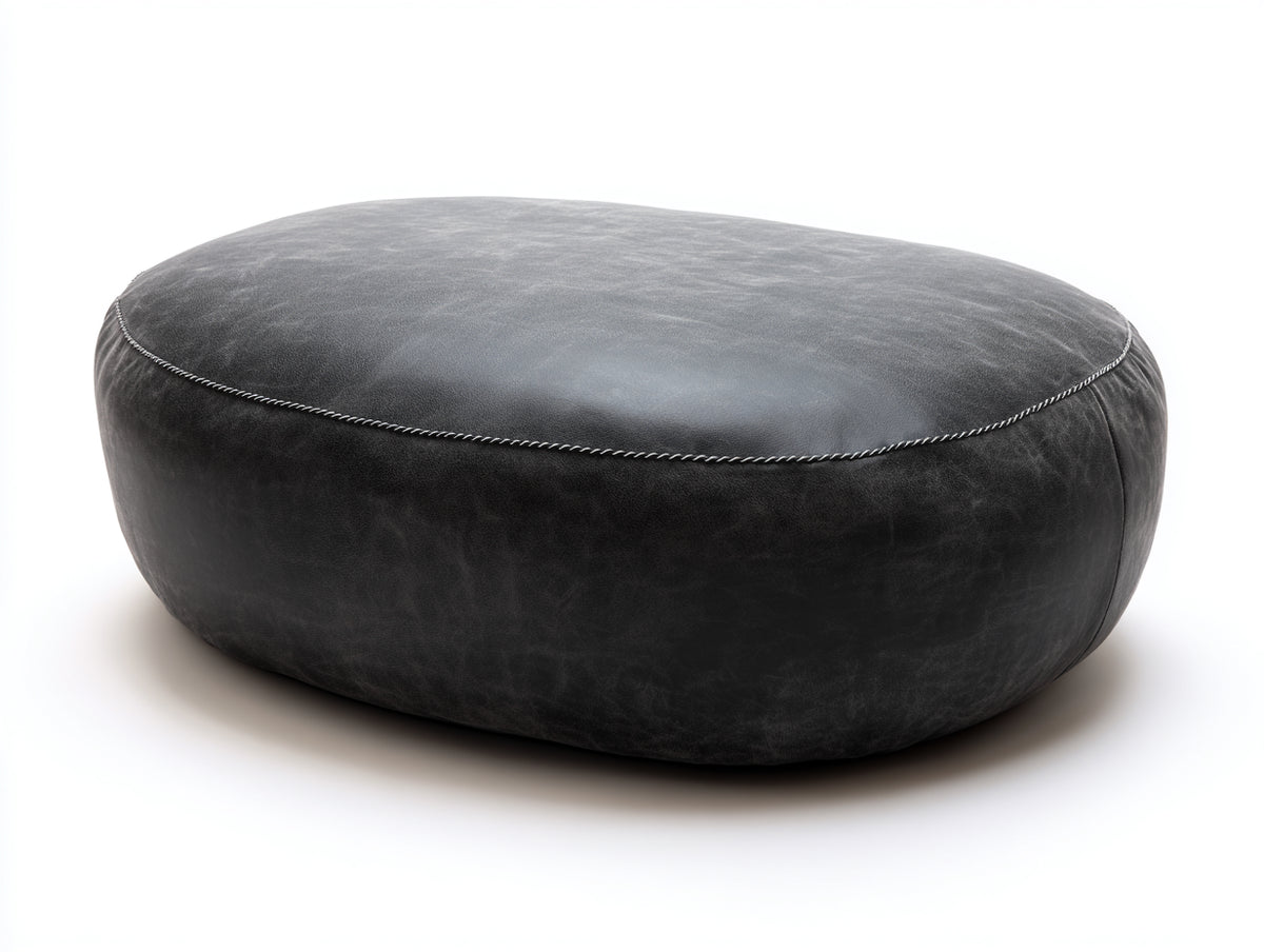Tabouret 90×64×37 cm - revêtement effet cuir gris foncé - assise ovale rembourrée pour chambre