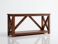 Console 150×40×82 cm - bois de noyer foncé - grand croisillon central et tablette inférieure pour chambre à coucher