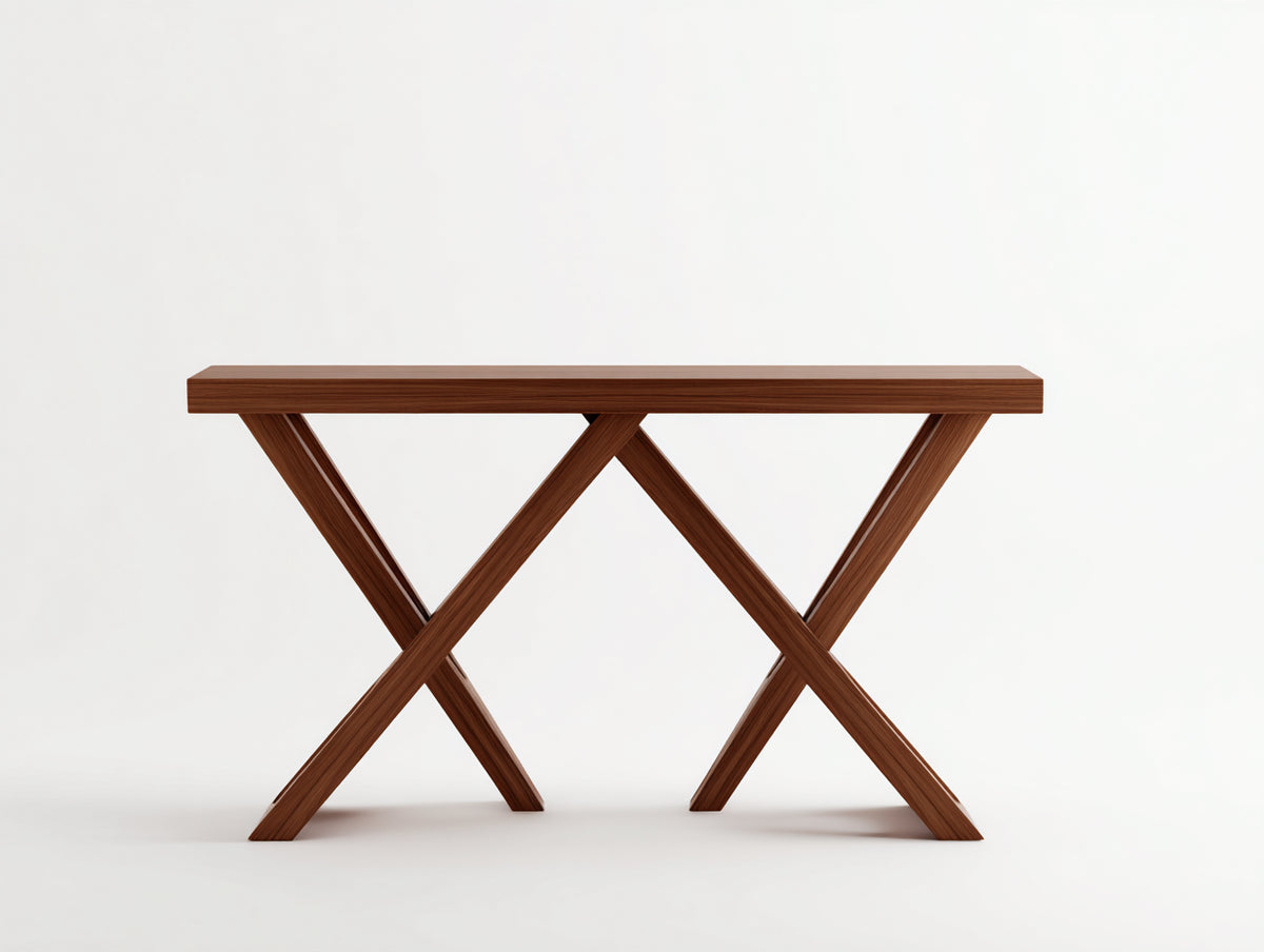 Console 150×36×80 cm - bois brun finition noyer - double piètement en X pour chambre