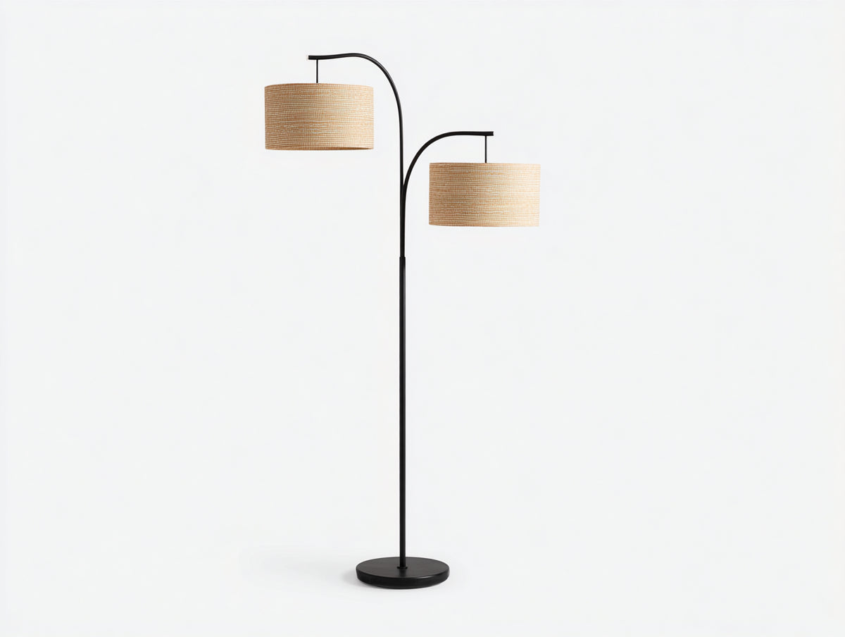 Lampe de bureau sur pied 105×45×180 cm - métal noir et fibres naturelles - double éclairage pour chambre à coucher