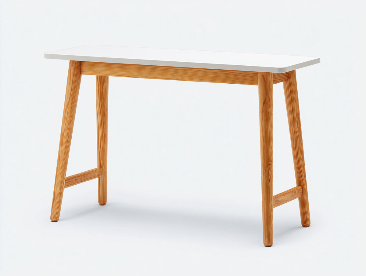 Console scandinave 120×45×80 cm - blanc bois clair avec plateau rectangulaire et pieds inclinés pour chambre à coucher