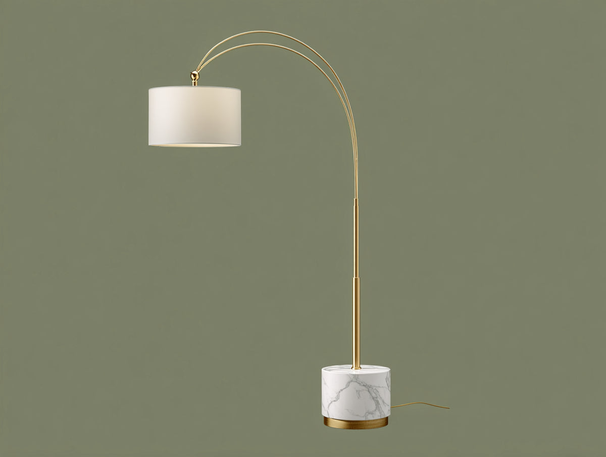 Lampe de bureau sur pied 105×34×176 cm - métal doré et base blanche - double arche avec abat-jour textile pour chambre