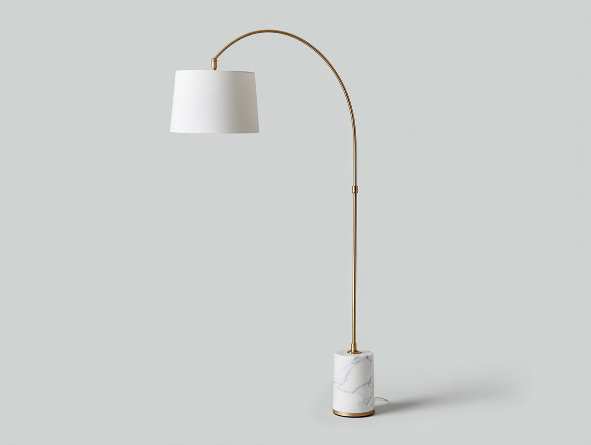 Lampe De Bureau arquée 110×38×195 cm - doré blanc avec socle marbré et abat-jour évasé pour chambre à coucher